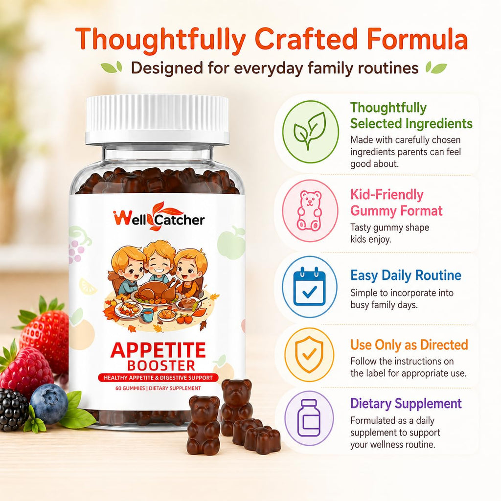 Wellcatcher Appetite Booster Gummies for Kids Adults: Picky Eater Vitamins Support Eat More Height Growth Gut Health & Nutritional Balance with Bromelain Hawthorn Zinc, Sugar Free 60CT
