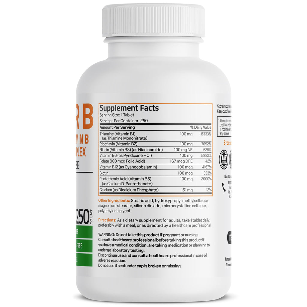 Bronson Super B 100 Vitamin B Complex Sustained Release Contains All B Vitamins (Vitamin B1, B2, B3, B6, B9 - Folic Acid, B12) Supports Energy Metabolism & Nervous System Health, Non-GMO, 250 Tablets