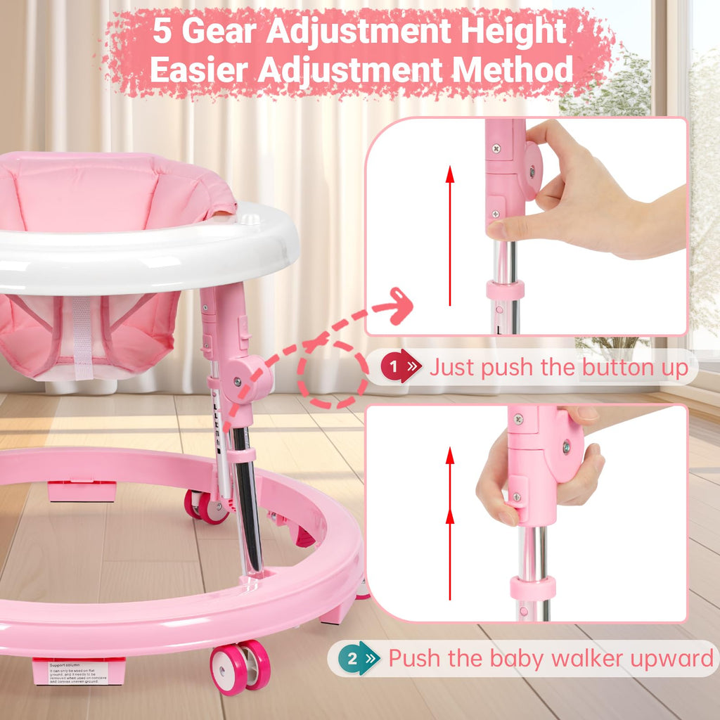 HolyBase Music and Lights Baby Walker Foldable with 9 Adjustable Heights, Baby Walker with Wheels Portable, Infant Toddler Walker for Baby Boy Girls 6-18 Months