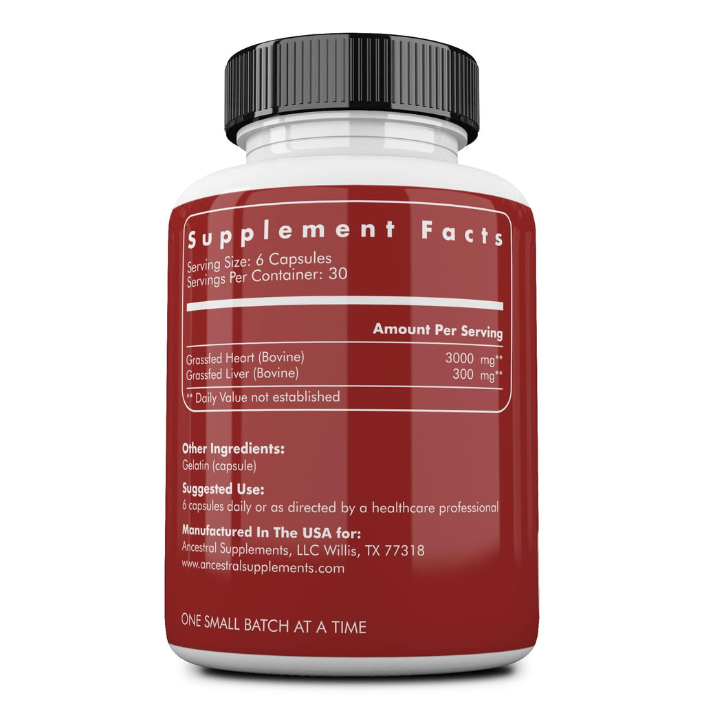 Ancestral Supplements Grass Fed Beef Heart Supplement, 3300mg, CoQ10 Supplement Supports Heart and Mitochondrial Health, Non-GMO, 180 Capsules