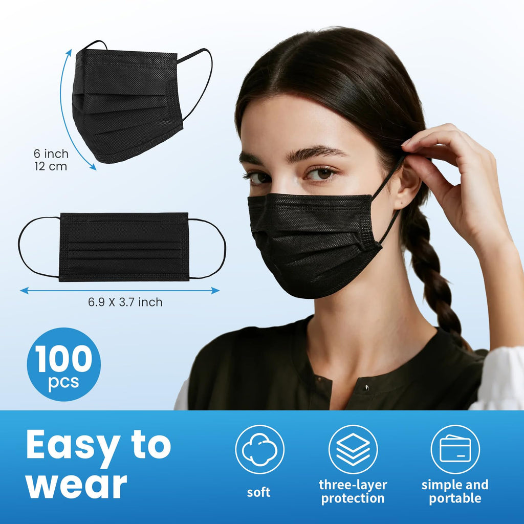 Borje Disposable Face Mask, 100 PCS Black Masks, 3 Ply Protection Face Masks