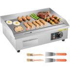 VEVOR Commercial Electric Griddle, 21 x 11.8 inch, 1750W, 122-570°F Adjustable Temp Control, Stainless Steel Countertop Flat Top Grill with 2 Spatulas, 2 Brushes and 4 Foot Pads, for Steak, Pancake