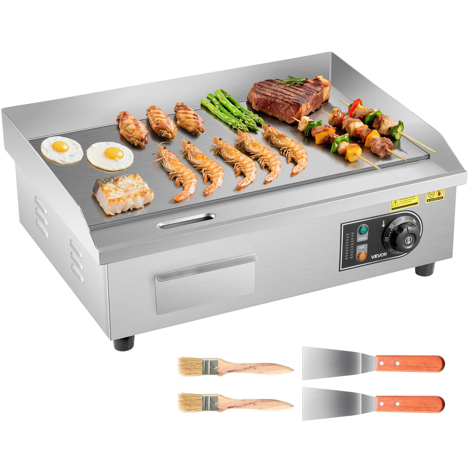 VEVOR Commercial Electric Griddle, 21 x 11.8 inch, 1750W, 122-570°F Adjustable Temp Control, Stainless Steel Countertop Flat Top Grill with 2 Spatulas, 2 Brushes and 4 Foot Pads, for Steak, Pancake