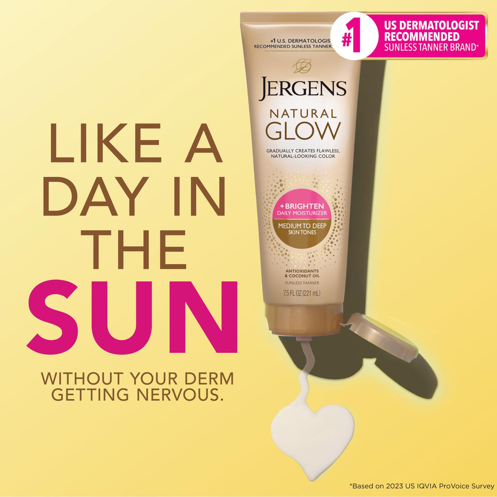 Jergens Natural Glow Self Tanner Body Lotion, Daily Sunless Tanning, Medium to Deep Skin Tone, Daily Moisturizer with Coconut Oil, Vitamin E and Antioxidants, 7.5 Oz, Pack of 2