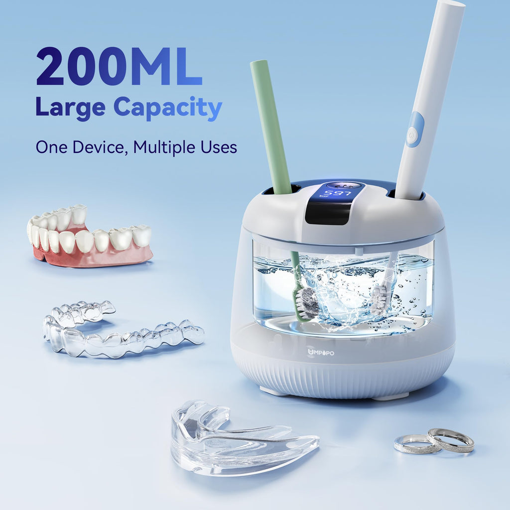 UMPOPO Ultrasonic Retainer Cleaner Machine 48kHz, Dental Cleaning Pod, Ultrasonic Retainer Cleaner for Dentures, Aligners, Mouth Guards, Toothbrush Heads and Jewelry with 200ML Capacity, LAB Supply