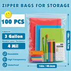 100 Pack Large 3 Gallon Storage Bags with Zipper Top, 16 x 18in Zipper Bags