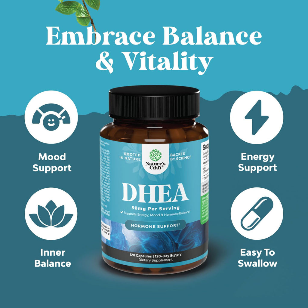 DHEA Supplement for Women & Men - Pure DHEA 50mg for Hormone Balance, Improves Mood Stability, Brain Function, Immune System, Energy & Fertility - Dehydroepiandrosterone Capsules for Adults - 120 Ct