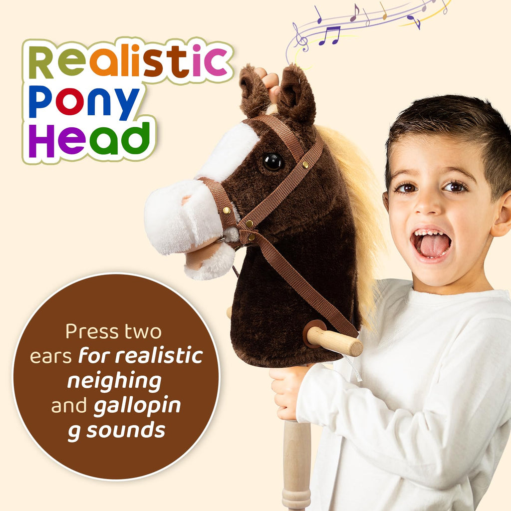 HollyHOME Stick Horse Plush Handcrafted Hobby Horse on a Stick with Wood Wheels Real Pony Neighing and Galloping Sounds for Kids Toddlers Chocolate 36 Inches(AA Batteries Required)