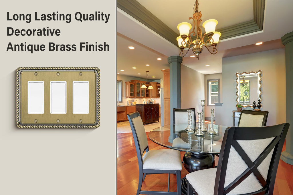 Henne Bery Rope Edge Decorative Wall Plate Switch Plate Outlet Cover (Triple Decorator, Antique Brass)