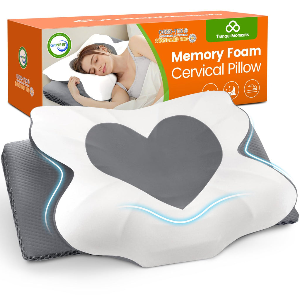 TranquilMoments Cervical Neck Pillow for Sleeping, Memory Foam Pillow for Neck Support, Ergonomic Pillow for Pain Relief, Contour Bed Pillow for Side Back Stomach Sleepers, Grey, Queen Size
