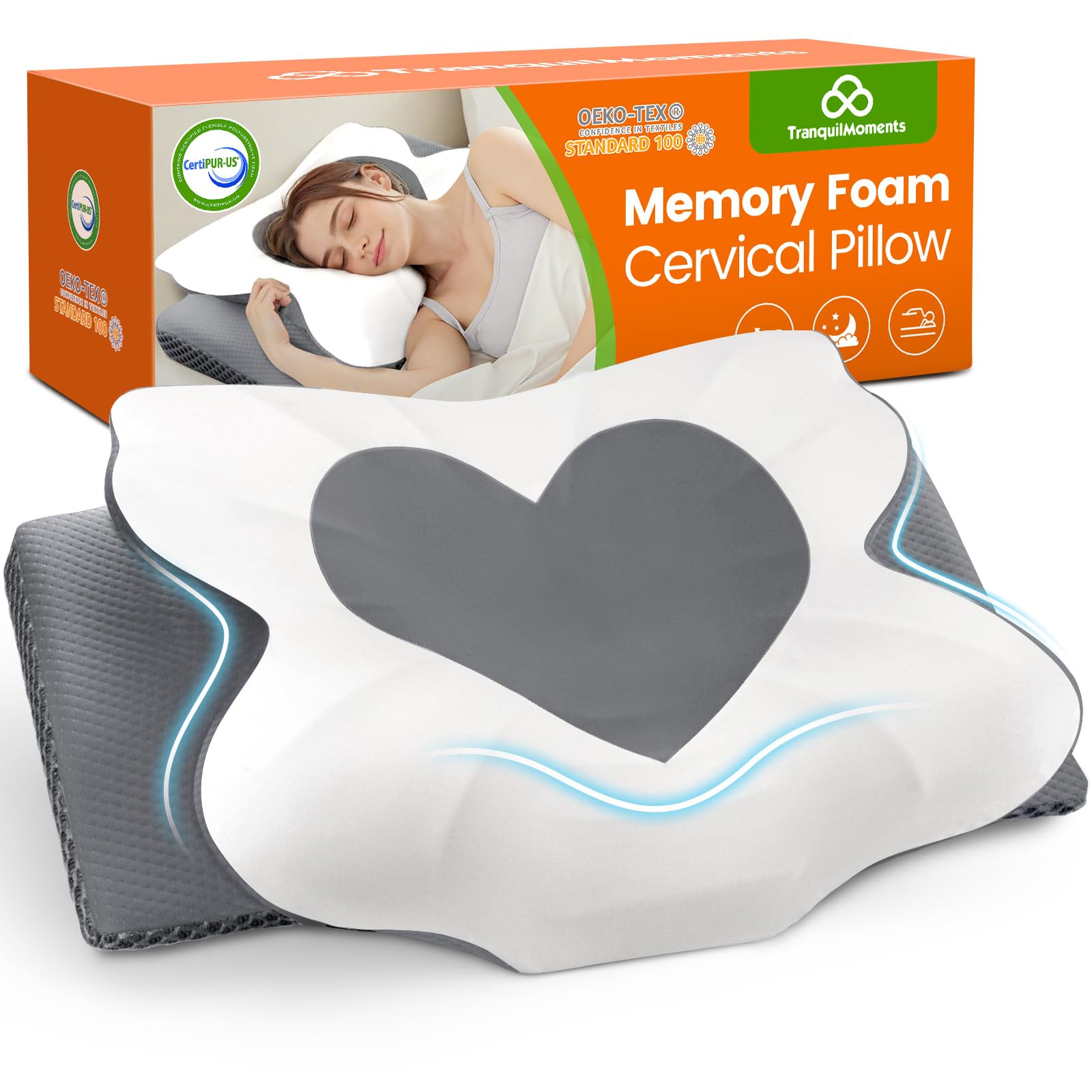TranquilMoments Cervical Neck Pillow for Sleeping, Memory Foam Pillow for Neck Support, Ergonomic Pillow for Pain Relief, Contour Bed Pillow for Side Back Stomach Sleepers, Grey, Queen Size
