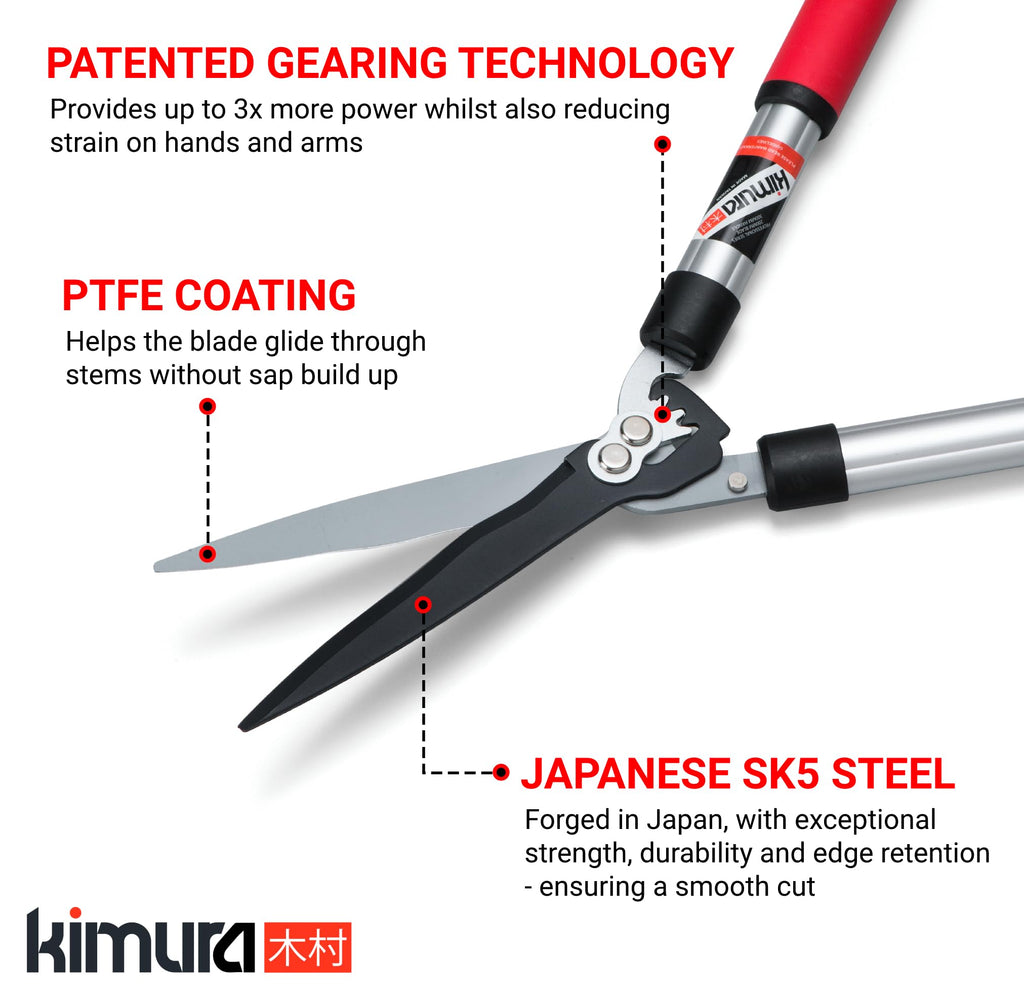 Kimura® Pro Heavy Duty Hedge Shears - Premium Garden Clippers with Patented Gearing Technology, Ultra Lightweight Aluminium Handles, Japanese SK5 Steel Blades, Ideal Shears for Gardening - 22" Trimmer