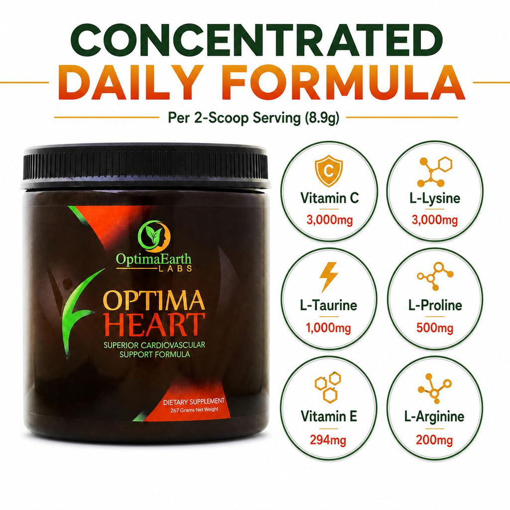 OptimaEarth Optima Heart - High-Dose Vitamin C and L-Lysine Powder Inspired by Linus Pauling, 3,000mg Each Per Serving, 30 Servings