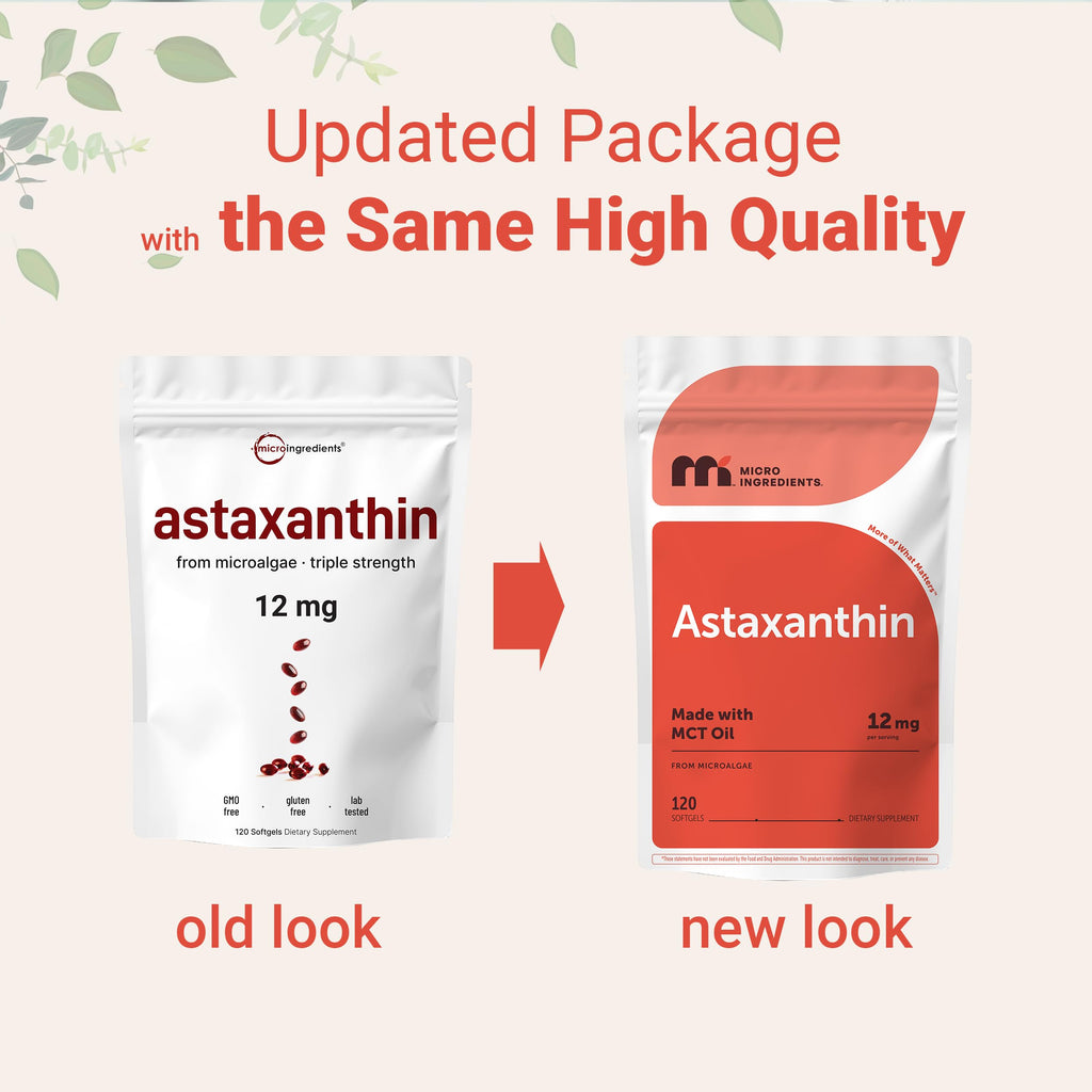Micro Ingredients Astaxanthin 12mg with MCT Oil, 120 Softgels, 4 Month Supply | Premium Astaxanthin Antioxidant Supplements* | Fresh Microalgae Source | Triple Strength, Non-GMO, Gluten Free, No Soy