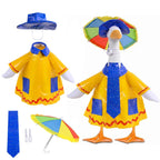 yuboo 23-Inch Porch Goose Raincoat Outfit - Summer Yellow Goose Clothes with Blue Pockets & Red Trim,Rainbow Umbrella Hat, Blue Sun Hat & Polka Dot Tie - Funny Garden Decor for Lawn & Yard
