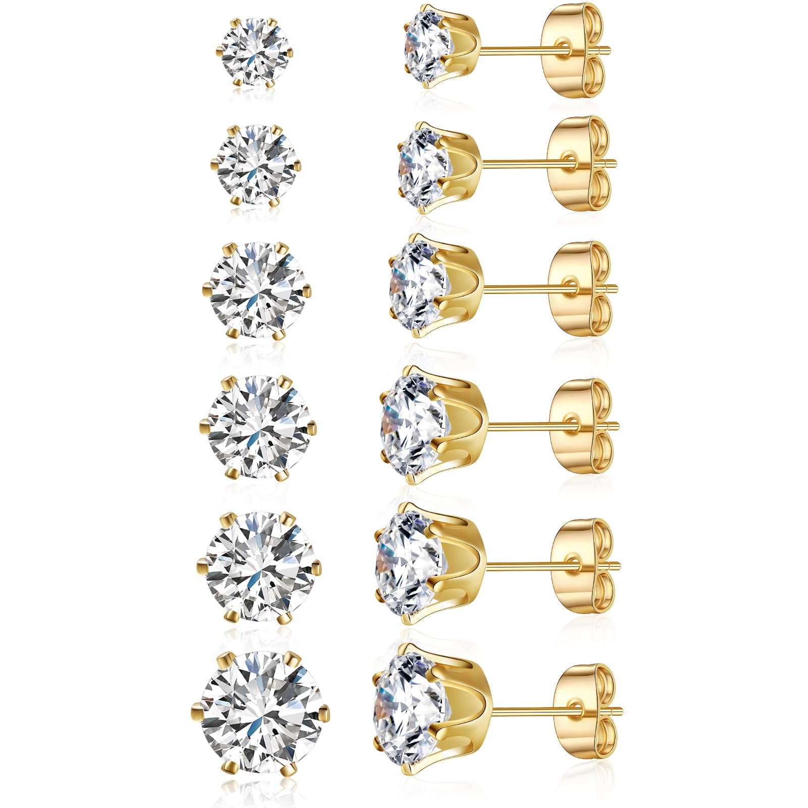 Gemsme 3-8mm Cubic Zirconia Gold Earrings for Women/Men Trendy - Hypoallergenic Stainless Steel With 18K Yellow Gold Plated 6-Sprong-setting Round CZ Stud Earrings Set - 6 Pairs