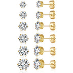 Gemsme 3-8mm Cubic Zirconia Gold Earrings for Women/Men Trendy - Hypoallergenic Stainless Steel With 18K Yellow Gold Plated 6-Sprong-setting Round CZ Stud Earrings Set - 6 Pairs