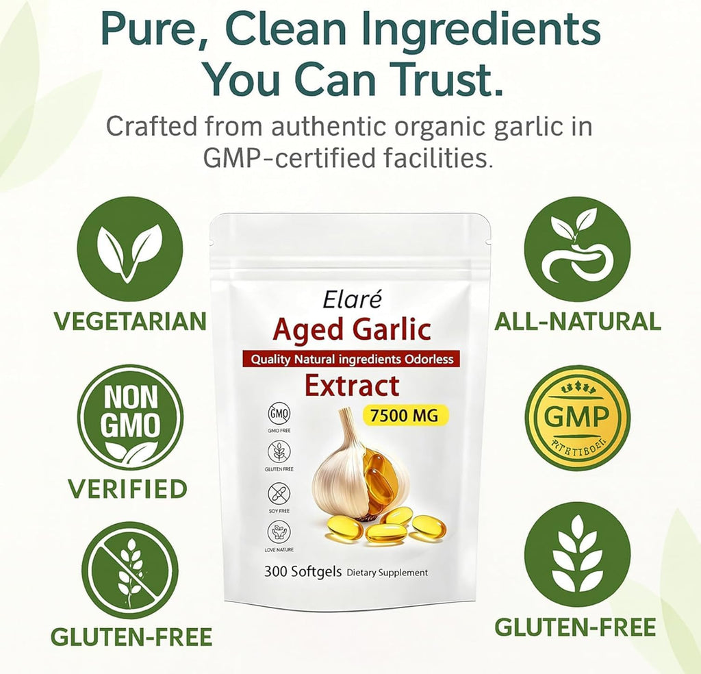 Elare Aged Garlic Extract Capsules 7500mg Odorless - 300 Count, Garlic Supplement, 2-Year Matured - for Heart & Immune Support, Non-GMO, Gluten-Free