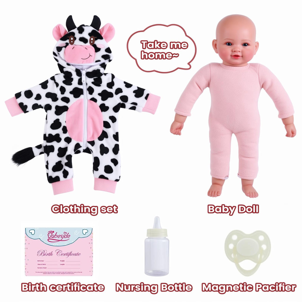 BABESIDE Baby Doll Girl - 17-Inch Soft Body Realistic Baby Doll with Blue Eyes and Cow Outfit Real Life Baby Dolls for 3 4 5 6 7 8 9 Years Girl Birthday Gifts, Pretend Play, Christmas & Collection