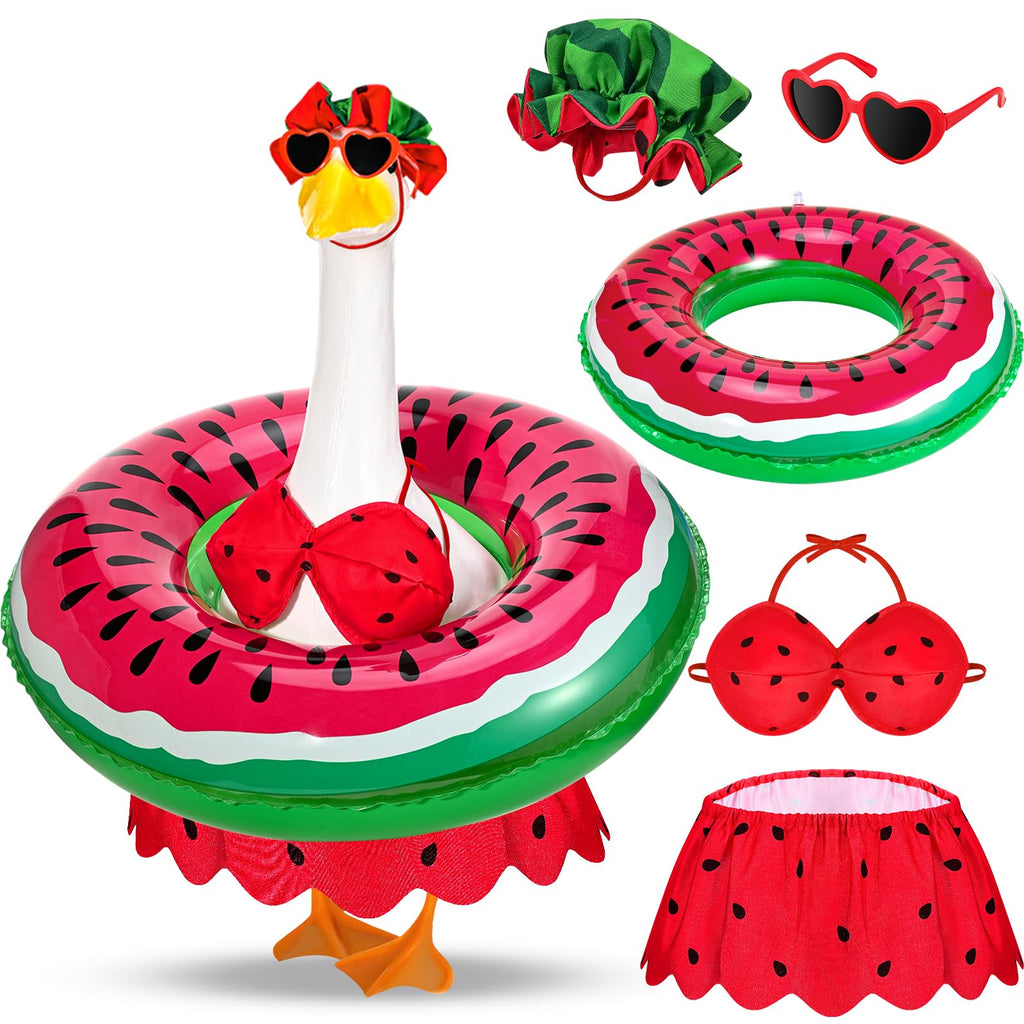 GANSHAYA Hawaiian Porch Goose Outfits Summer Bikini Goose Outfit Fits 23" Goose Statue with Hat Sunglasses & Swimming Ring for Cement Yard Decor(Watermelon)