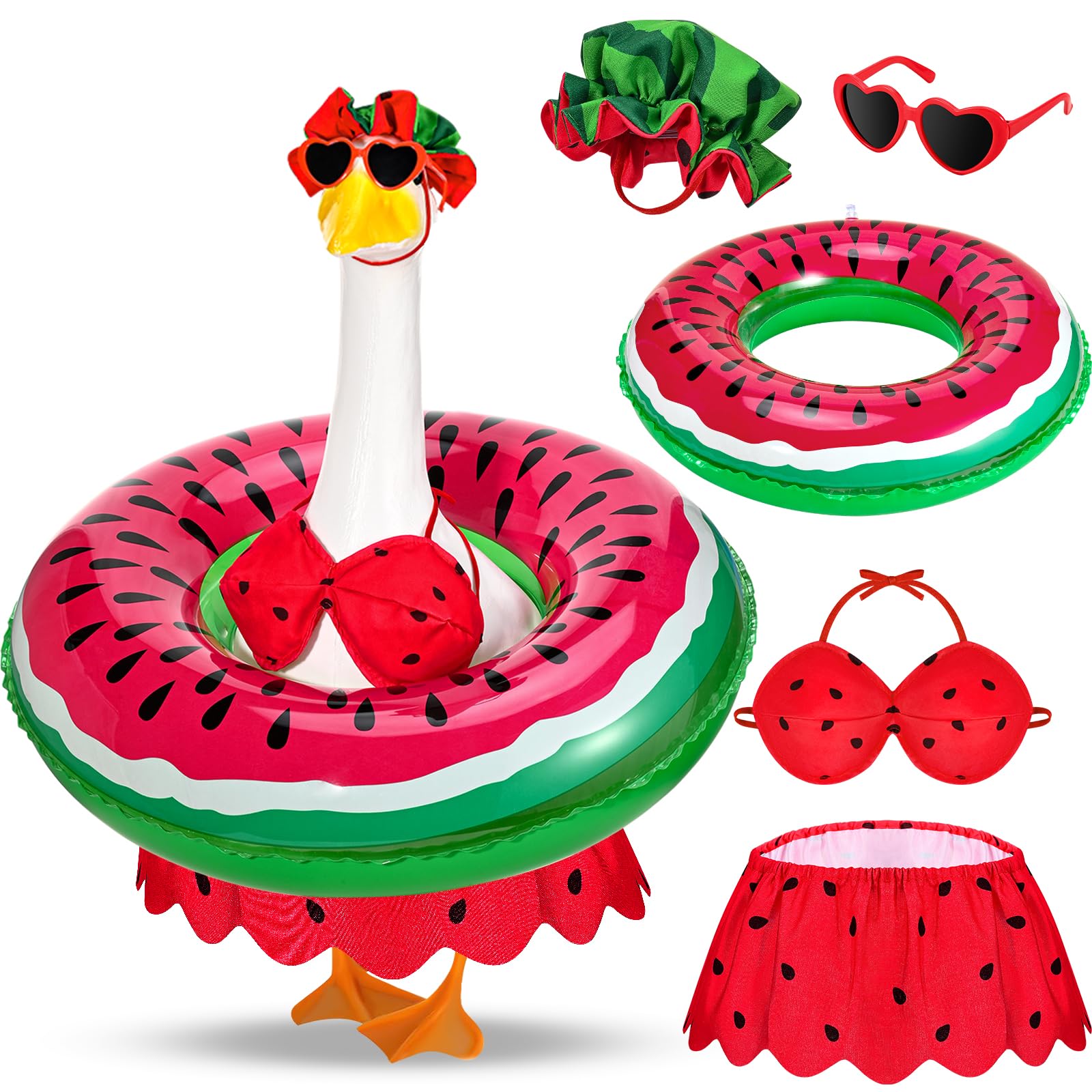 GANSHAYA Hawaiian Porch Goose Outfits Summer Bikini Goose Outfit Fits 23" Goose Statue with Hat Sunglasses & Swimming Ring for Cement Yard Decor(Watermelon)
