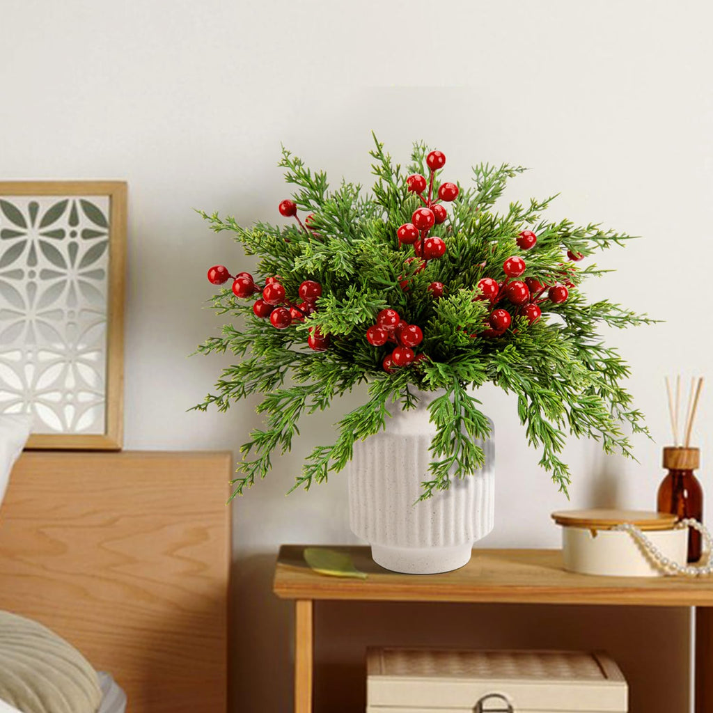 45 Pcs Christmas Artificial Pine Branches Red Berry Stems Faux Xmas Sprigs