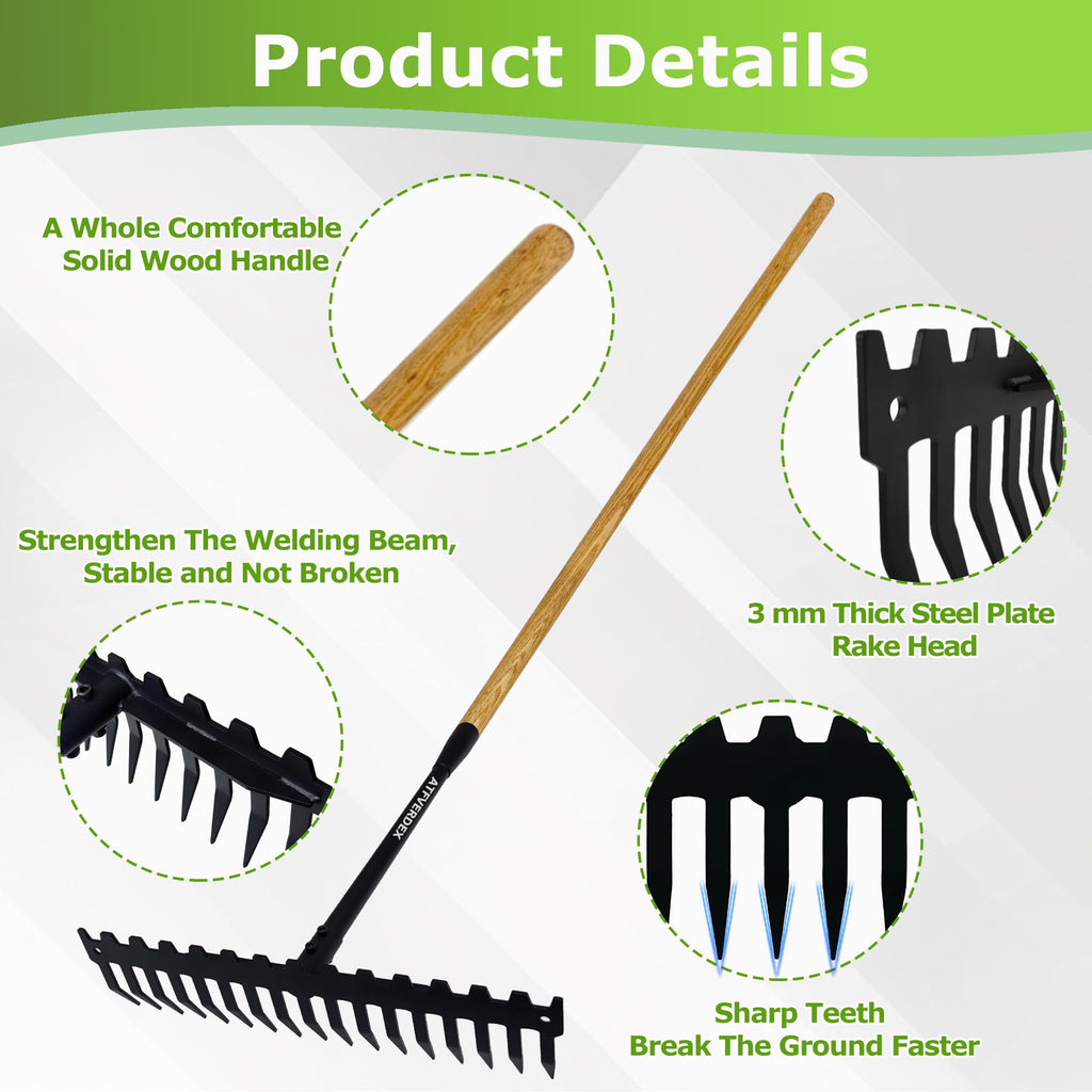 Garden Rake, 60" Wooden Handle with 17-Tine Metal Bow Rake, Secure Fit