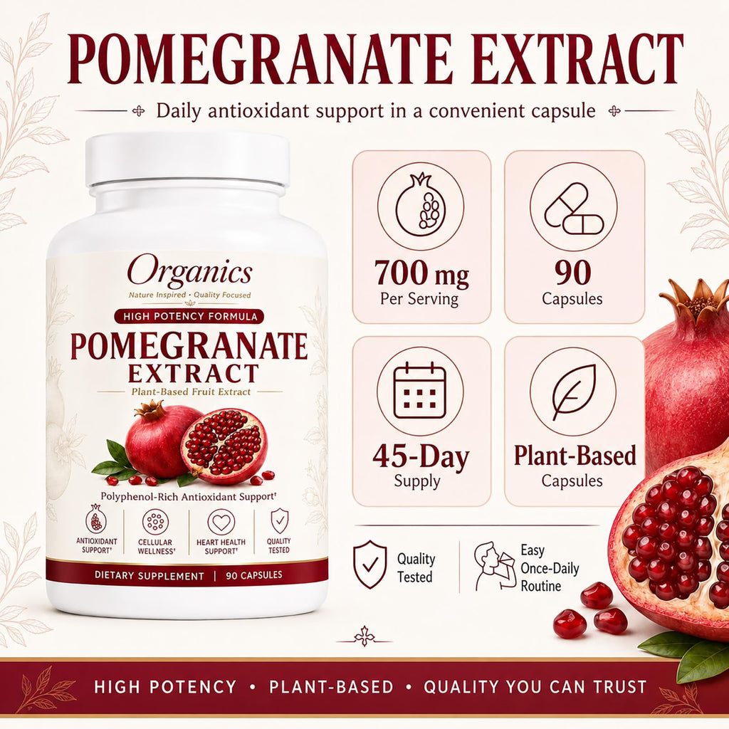 KYZTMHC Organic Pomegranate Extract, Pomegranate Fruit Extract Supplement with Polyphenol Antioxidants, Non-GMO, Daily Wellness Support, 90 Capsules