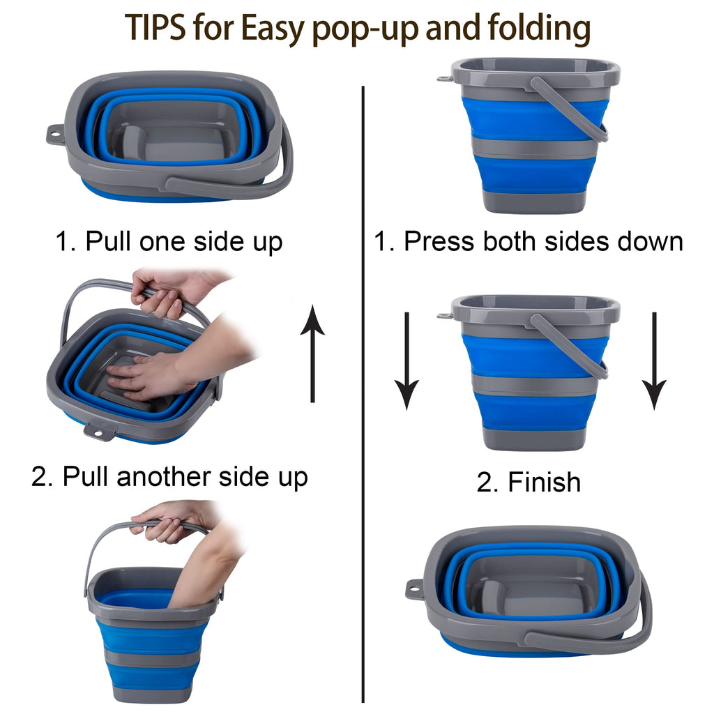 2 Pack Collapsible Plastic Bucket with 1.32 Gallon (5L) Each, Foldable Rectangular Tub for House Cleaning, Space Saving Outdoor Waterpot for Garden or Camping, Portable Fishing Water Pail