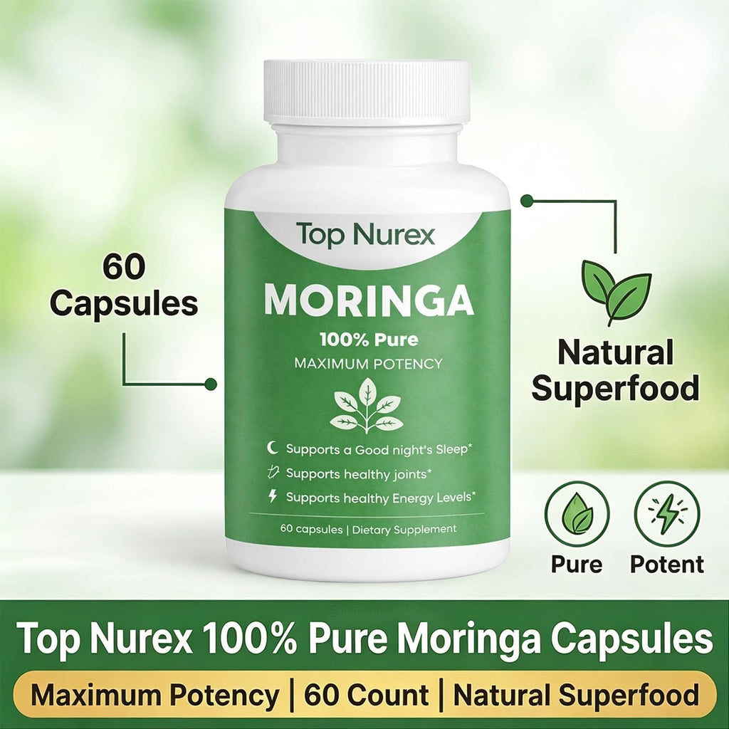 Top Nurex Moringa Capsules, Sustained Energy, Immune Support & Digestive Wellness, Natural Green Superfood Supplement, Vegan, Non-GMO 60 Capsules