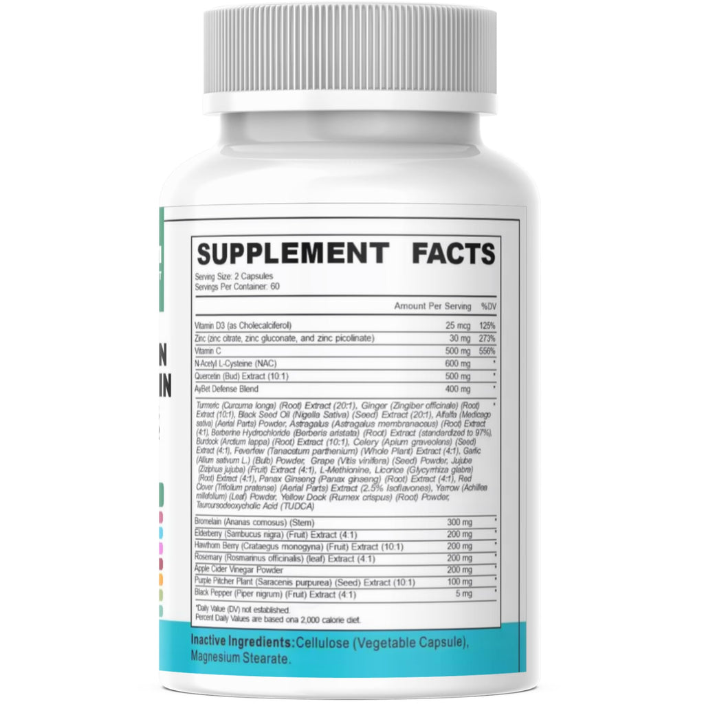 NAC-n-acetyl cysteine- Quercetin Zinc Bromelain Supplement | Extra Strength with Vit C, D3, Apple Cider Vinegar, Elderberry, Hawthorn Berry, Turmeric | Immune Support|120 Vegan Capsules | USDA Organic
