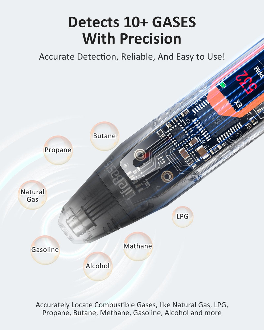 LifeBasis Rechargeable Natural Gas Detector with TFT Display, Gas Leak Detector 0.5s Fast Response, 0-9999PPM Range Built-in Light for Combustible Gas/LPG/Methane/Propane, Gas Sniffer for Car, Vehicle