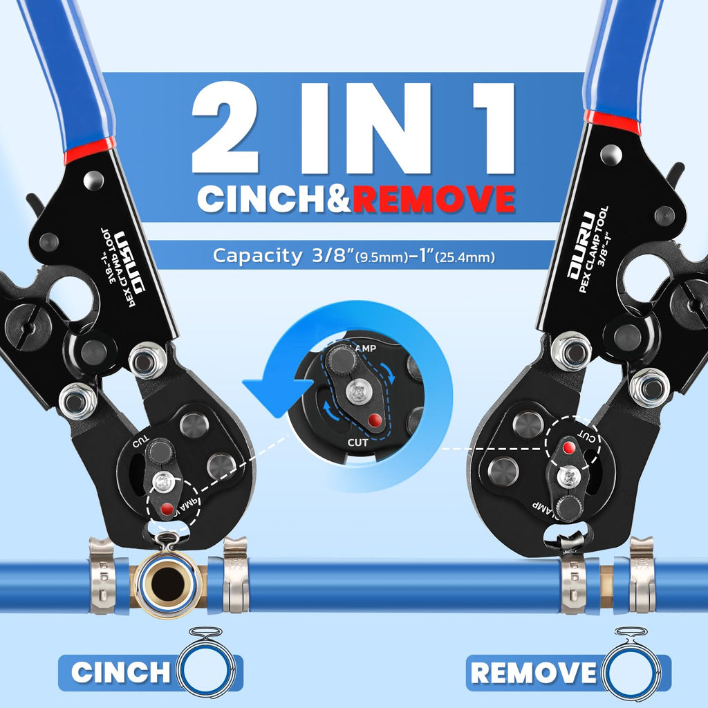 OURU 2 IN 1 Ratchet Pex Crimping Tool Cinch and Remove Combo Function Pex Pipe Crimp Tool from 3/8" to 1" Pex Crimper with Pex Cutter and Stainless Steel Pex Clamps 1/2" 25PCS,3/4" 10PCS