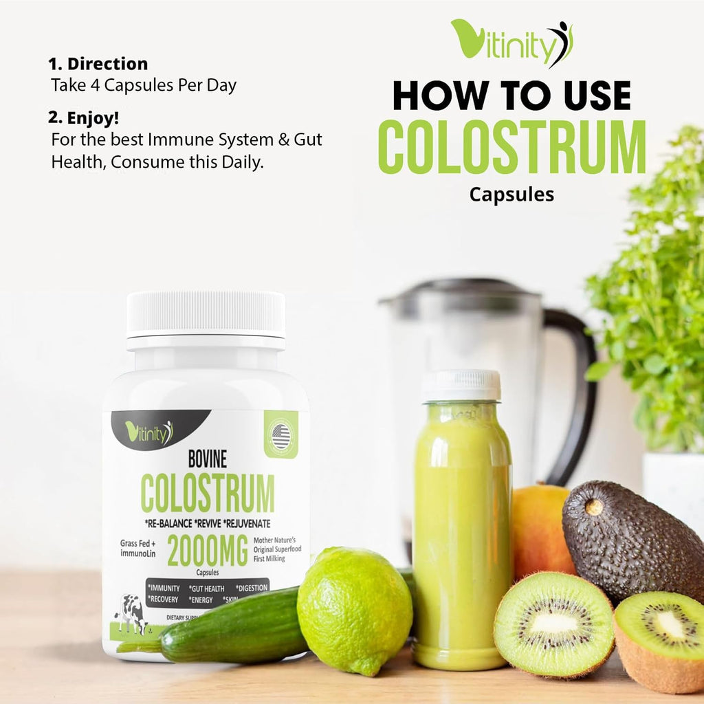 VITINITY Grass Fed Bovine Colostrum Capsules for Humans - Natural IgG Colostrum Supplement for Gut Health, Immune Support, Muscle Recovery & Wellness | Pure Colostrum Superfood, Unflavored (120 Count)