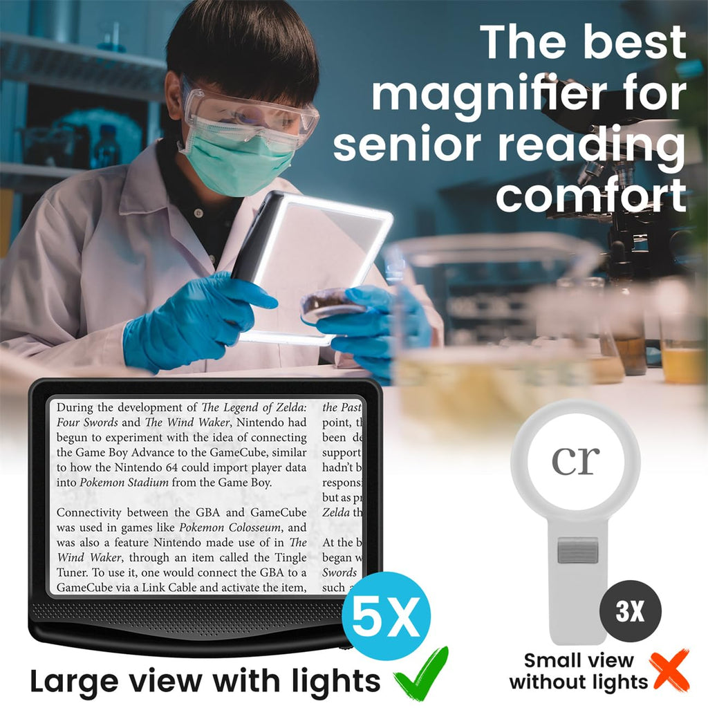 Rechargeable 5X Magnifying Glass for Reading, Large Bright Full Page Magnifier with Light, Handheld LED Dimmable Lighted, Lightweight Book Magnifier for Reading Small Prints Seniors Low Vision