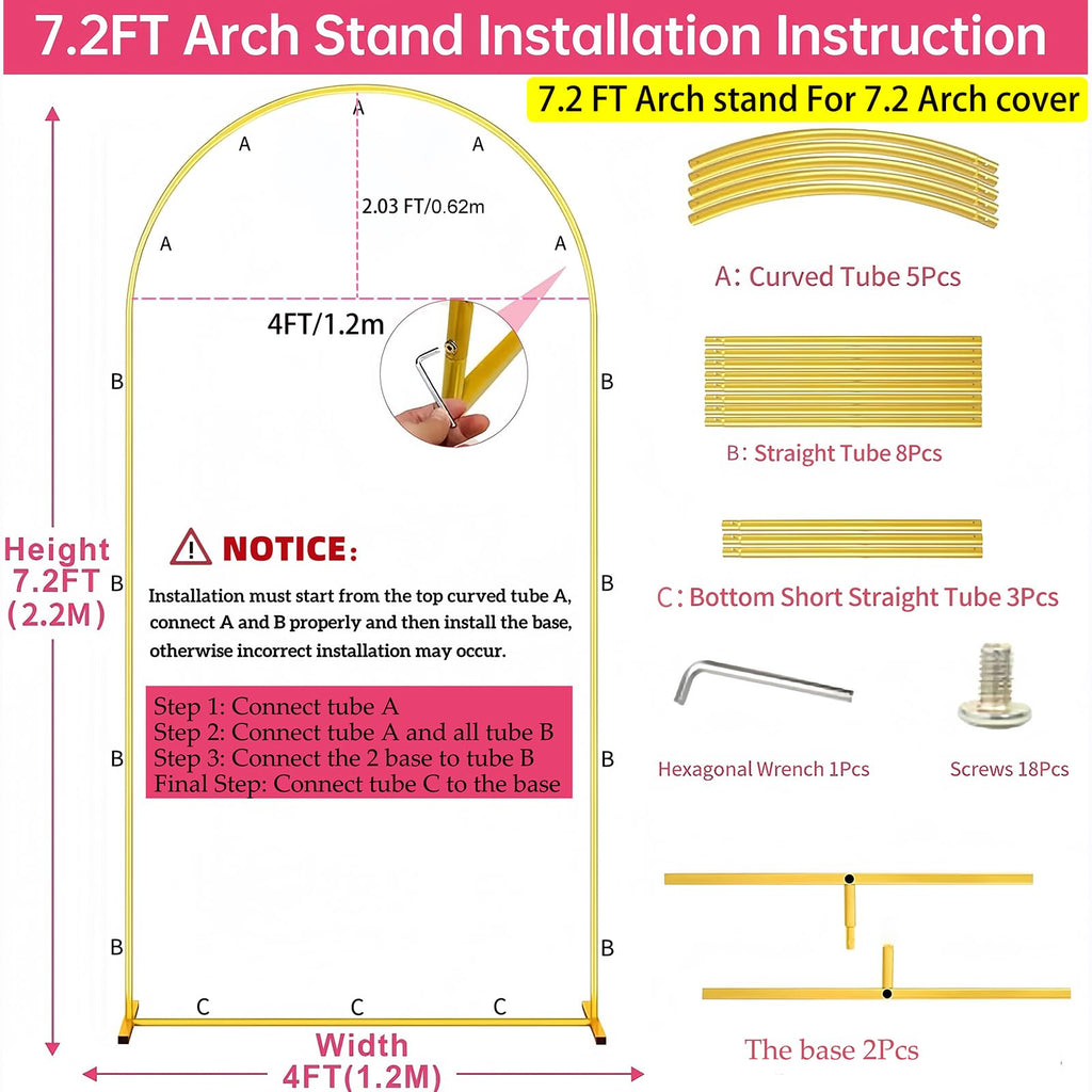 7.2FT Metal Arch Backdrop Stand Gold Wedding Balloon Frame Pergola Arbor