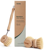 Vove Bamboo Dish Brush, FSC-Certified - Includes 3 Replacement Heads - Natural Fiber Bristles - Non-Toxic, Plastic-Free - Scrub Brush for Pots, Pans & Dishes