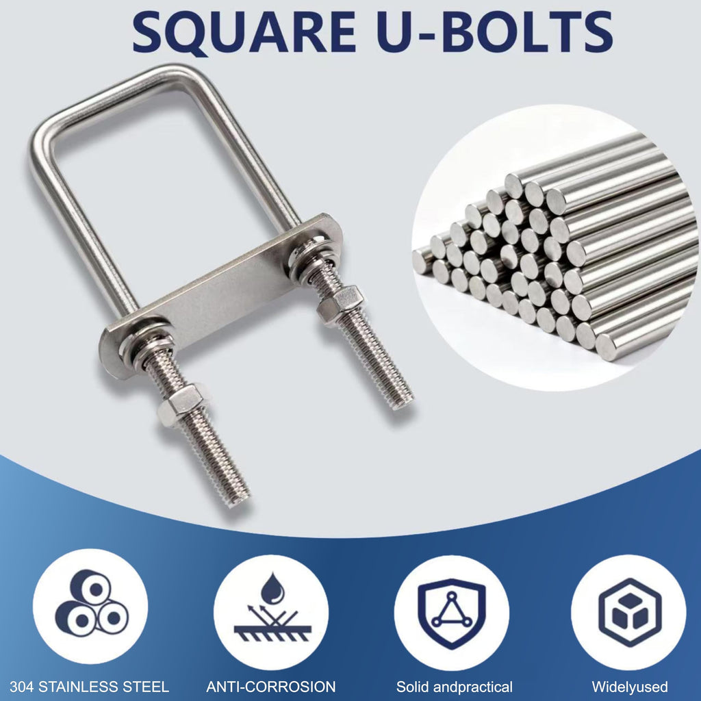 ZYUAROM 8 Pcs M10 Square U Bolts 1-1/2 Inch Wide, 3/8" x 1-1/2"W x 3-3/8"L Stainless U Bolt Heavy Duty with Nuts, Bolt Plate and Washers (8, M10 x 1-1/2"W x 3-3/8"L)