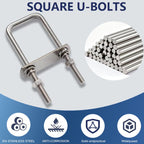 ZYUAROM 8 Pcs M10 Square U Bolts 1-1/2 Inch Wide, 3/8" x 1-1/2"W x 3-3/8"L Stainless U Bolt Heavy Duty with Nuts, Bolt Plate and Washers (8, M10 x 1-1/2"W x 3-3/8"L)