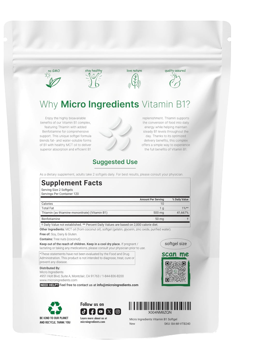 Micro Ingredients Vitamin B1 Thiamine 500mg with Benfotiamine & MCT Oil, 240 Softgels | Highly Bioavailable Thiamine Supplement for Energy & Nervous System Support* | Non-GMO, Soy Free