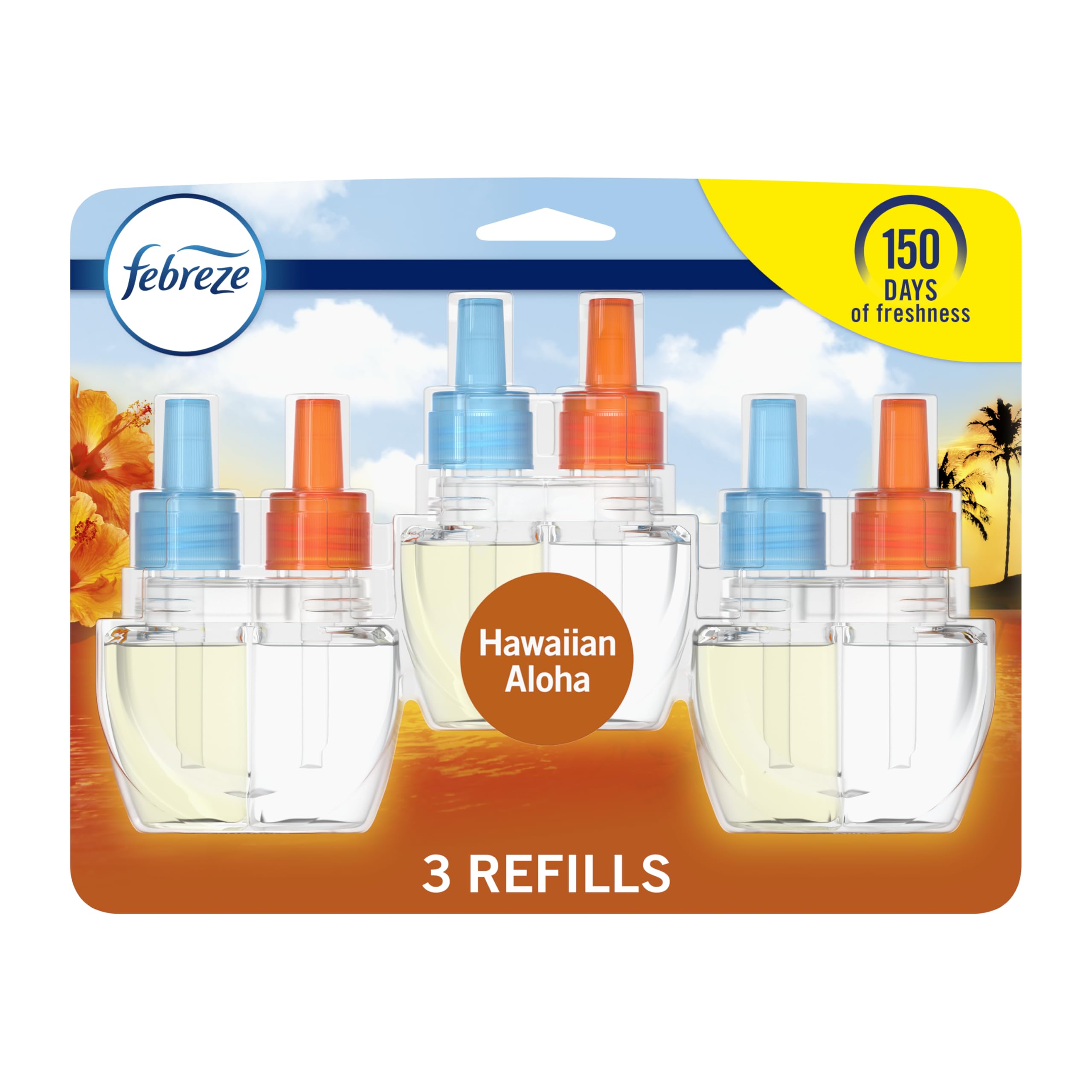 Febreze Plug In Air Freshener, Odor-Fighting Scented Oil Refill, Air Fresheners for Home and Bathroom and Kitchen, Long Lasting for Strong Odors, Hawaiian Aloha Scent, 0.87oz Refills, 3 Count