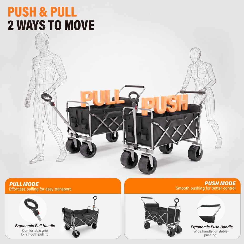 Collapsible Push & Pull Wagon with Drop Down Tailgate, 360lbs Heavy Duty Folding Shopping Cart with Big Wheels & Brakes for Sports, Groceries, Camping