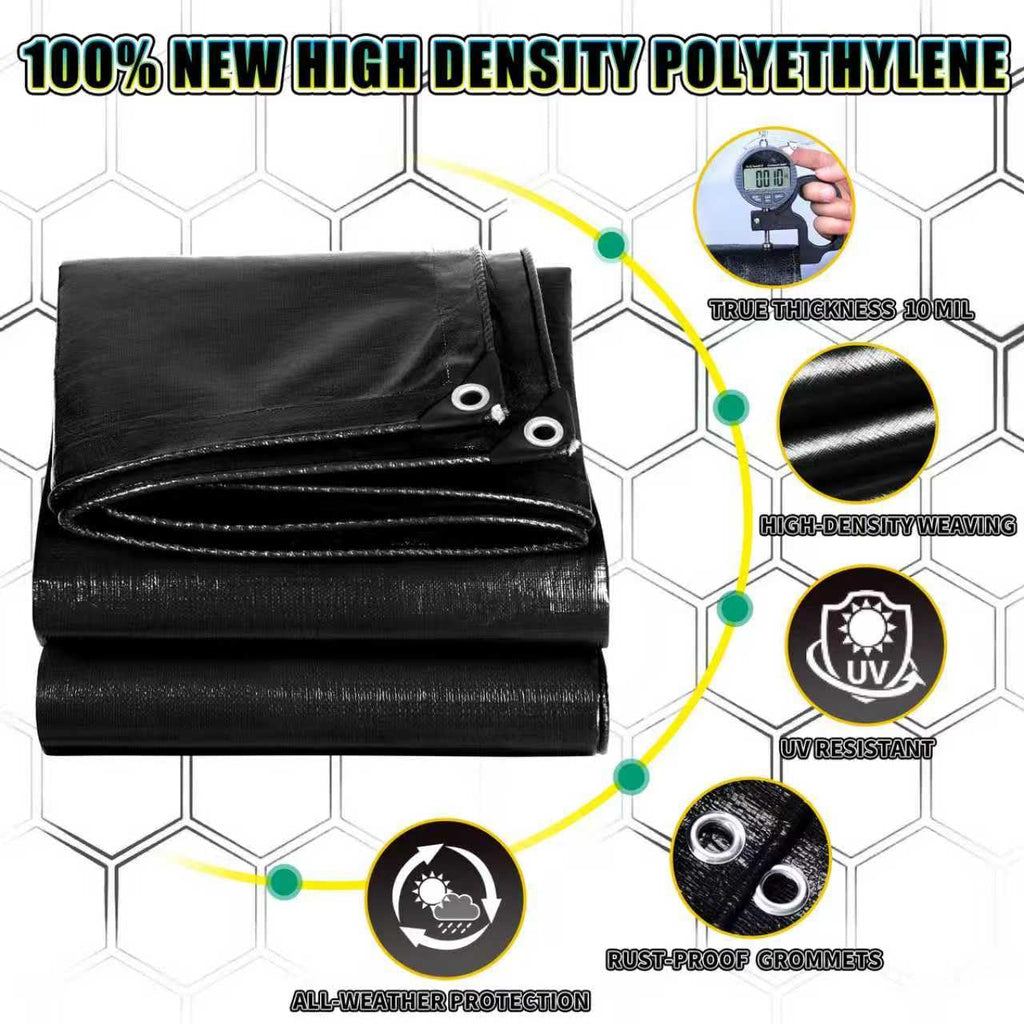 TA*RP YXCN Black Tarp 20x30 Feet, 10 Mil Thick Waterproof Poly Tarps Cover UV Resistant, Rip & Tear Proof with Metal Grommets Every 20 Inches
