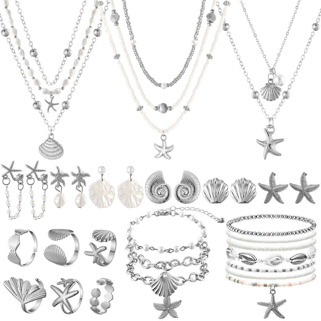 23 Pcs Seashell Starfish Jewelry Set Summer Mermaid Accessories, Silver
