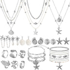 23 Pcs Seashell Starfish Jewelry Set Summer Mermaid Accessories, Silver