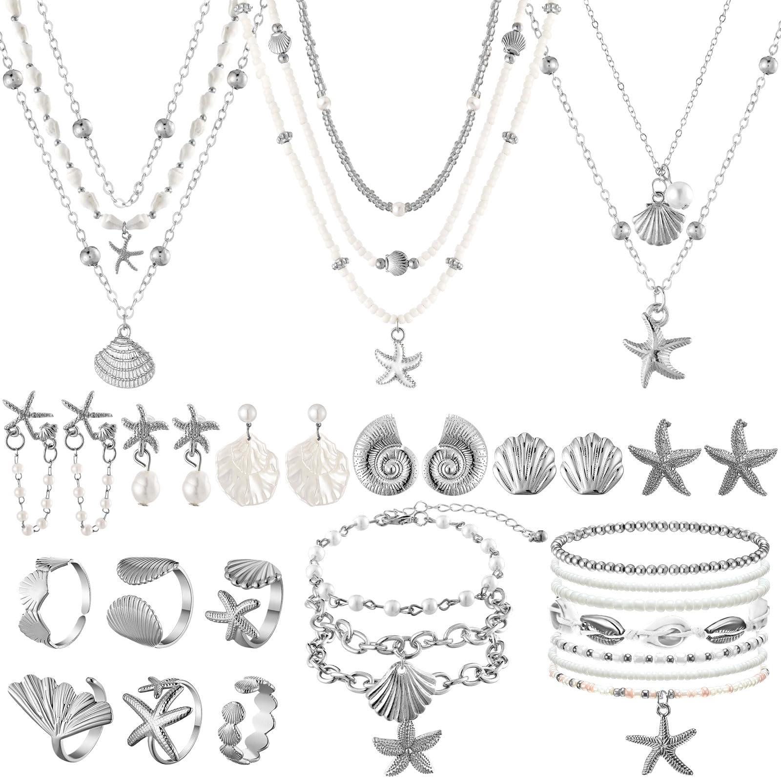 23 Pcs Seashell Starfish Jewelry Set Summer Mermaid Accessories, Silver