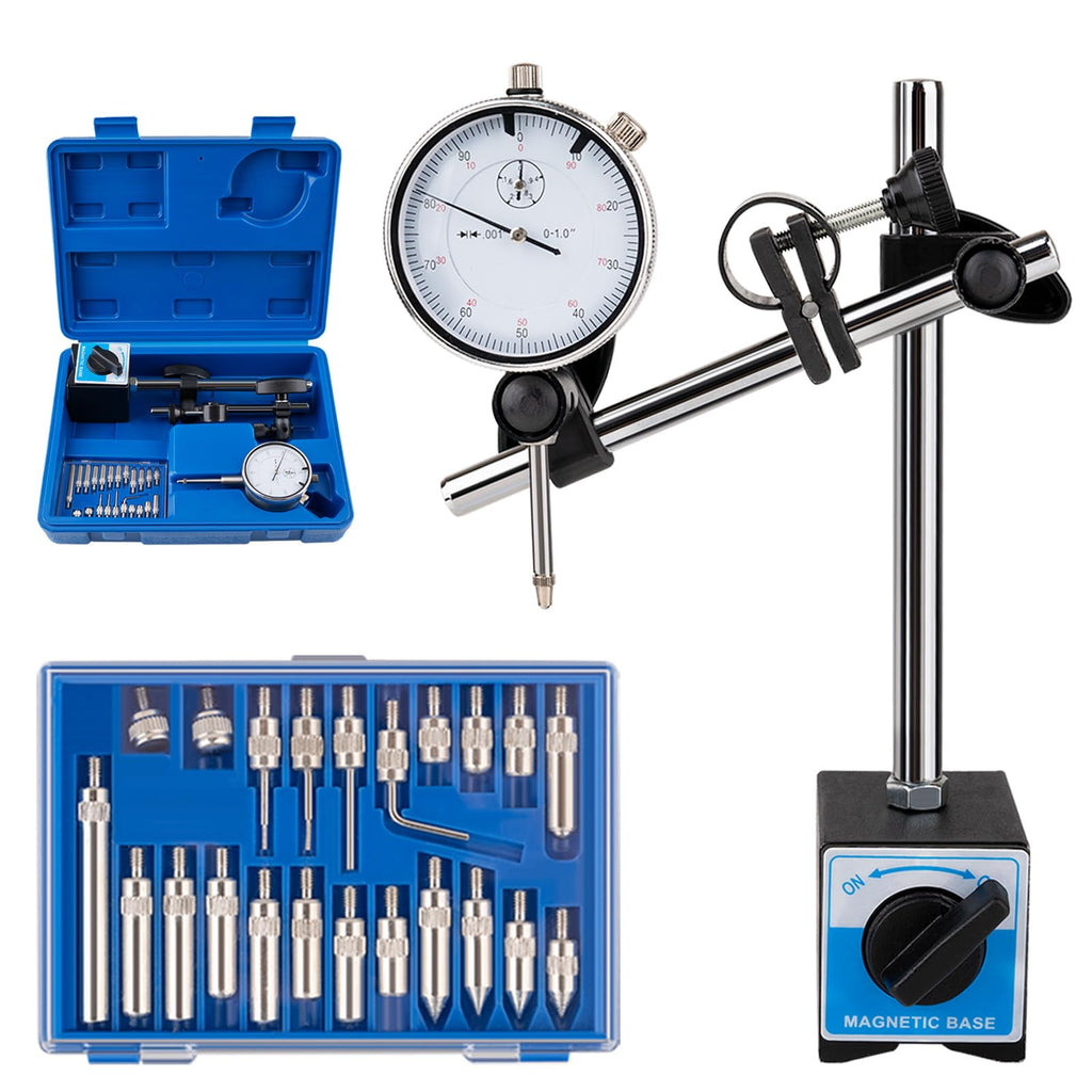 Rpeconu Dial Indicator with Magnetic Base, 0-1"×0.001" Precision Dial Test Indicator Set, Adjustable Long Arm Magnetic Dial Indicator Base Holder for Workshop, Lab & Mold Making