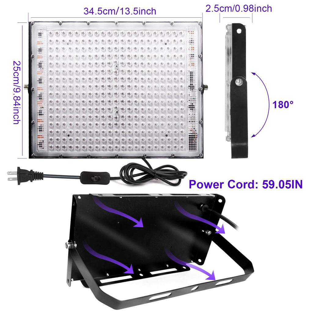 2 Pack 300W Black Lights, Blacklight Flood Light with Plug and Switch,for Glow Party, Black Light Party, Halloween, Body Paint, Neon Glow, Fluorescent Poster, Stage Lighting