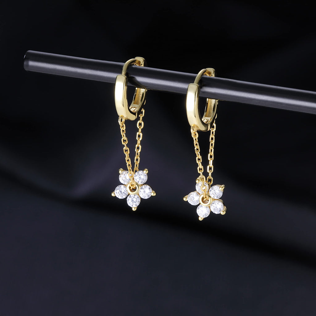 Reffeer 925 Sterling Silver Flower Chain Drop Earrings Hoop for Women Teen Girls Huggie Hoop Dangle Earrings Chain (B-Gold)