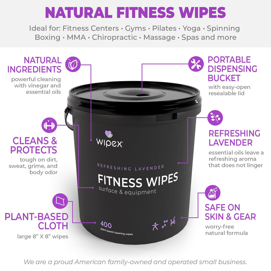 Wipex Gym Wipes Bundle - Get 2 Buckets (1) Lavender Plant-Based Fitness Equipment Wipes & (1) Sanitizing BZK for Skin, Great for Gyms, Yoga Studios, Home, Fitness Centers, 400 Ct (Pack of 2)